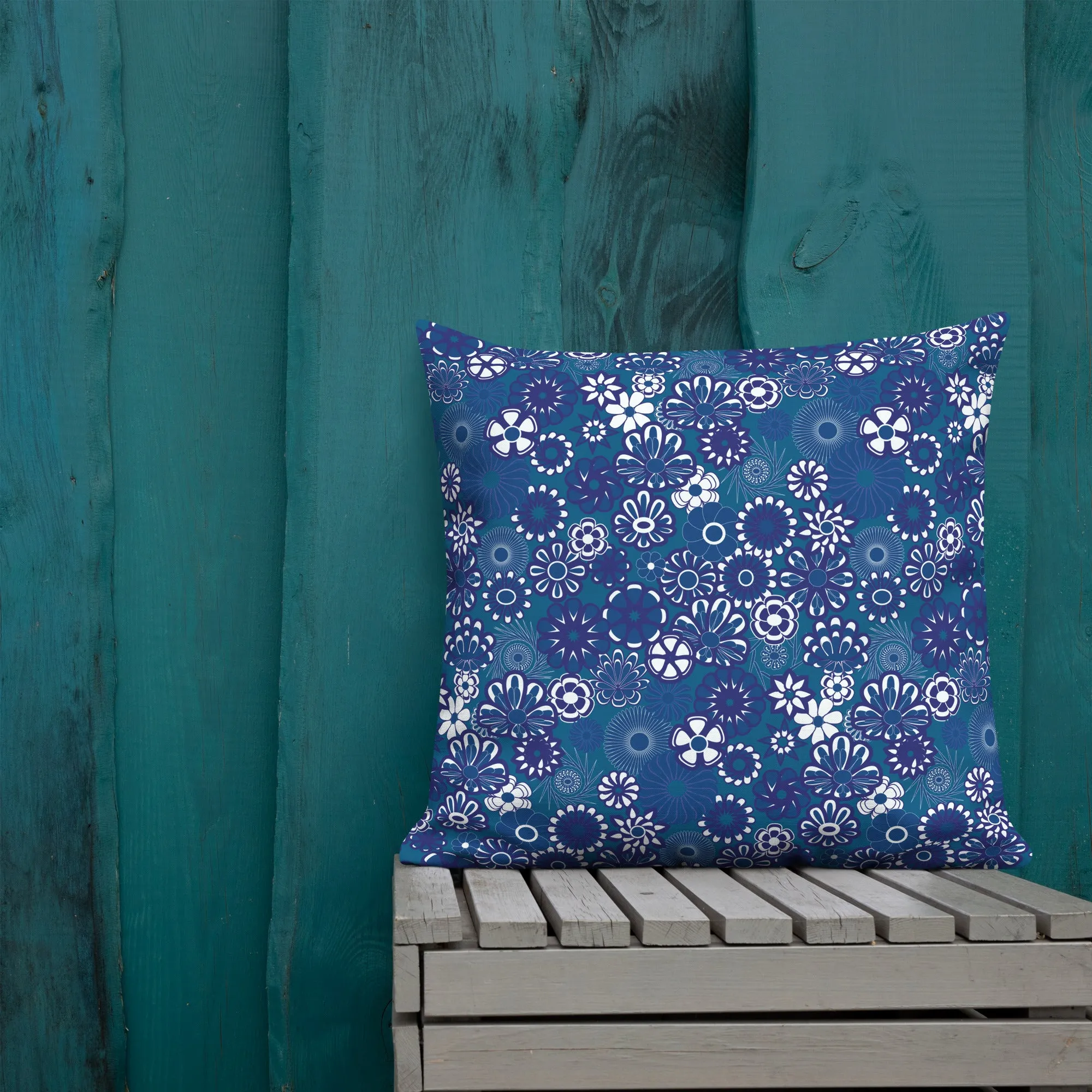 Navy floral on blue Premium Pillow