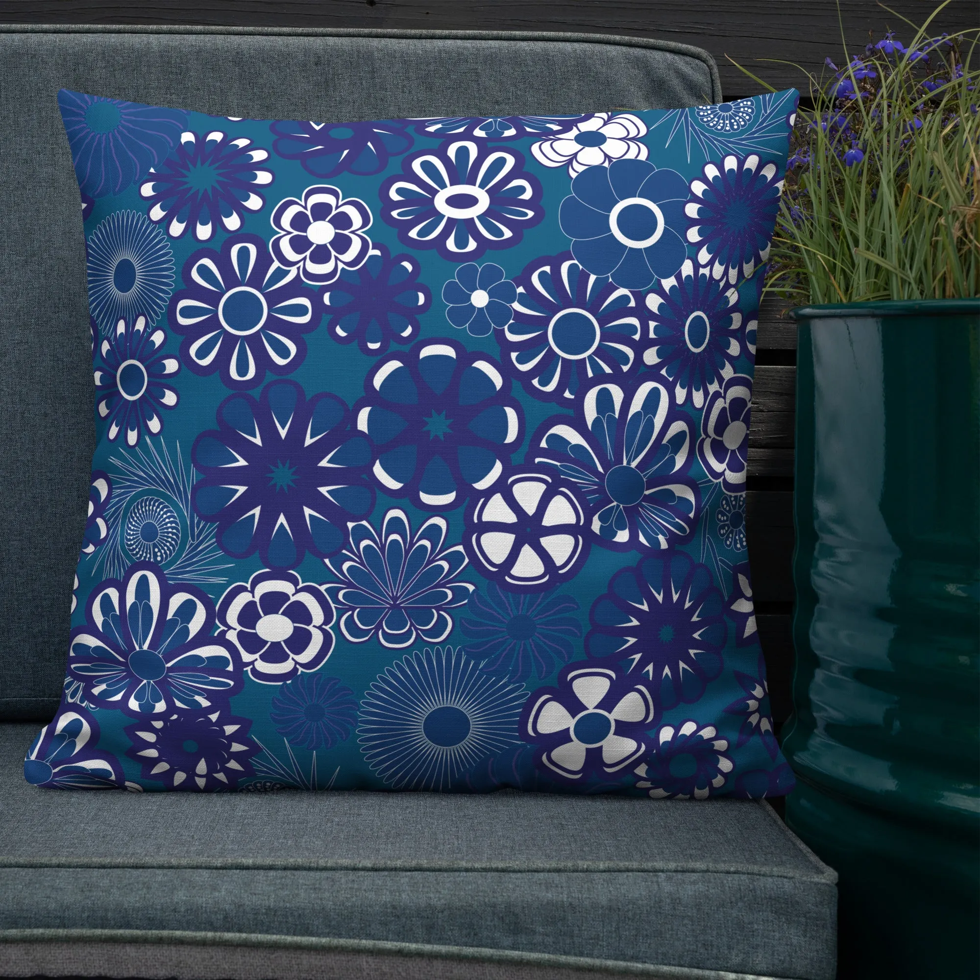 Navy floral on blue Premium Pillow