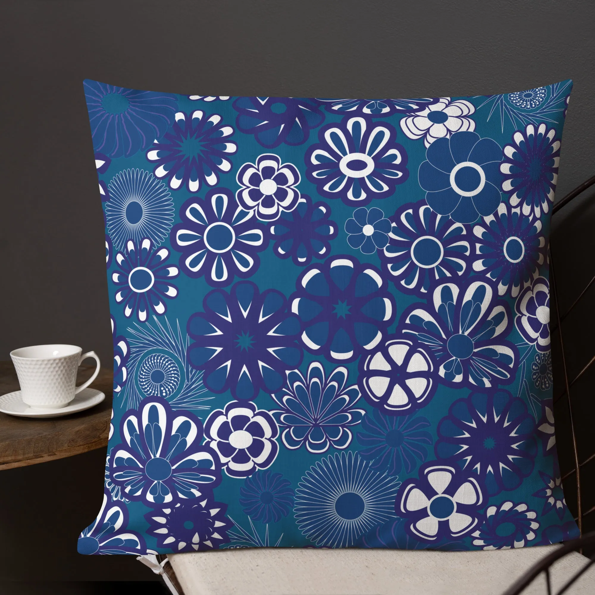 Navy floral on blue Premium Pillow