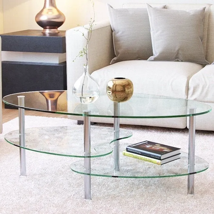 Oval Glass Coffee Table with Staggered Shelves