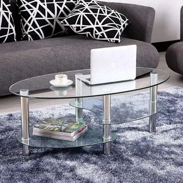 Oval Glass Coffee Table with Staggered Shelves