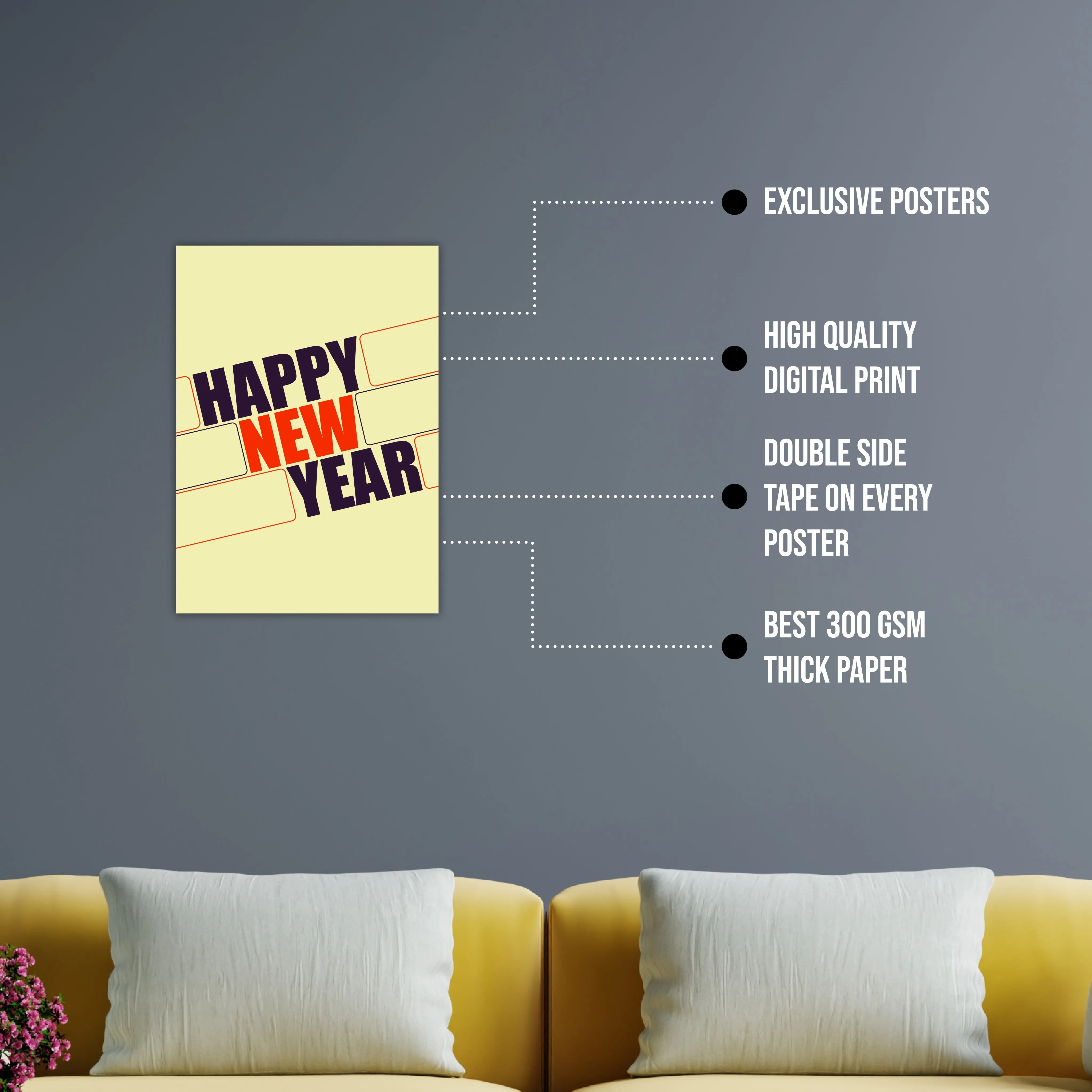 Printed Happy New Year Poster for Home Bedroom Shops L x H 12 x 18 Inch