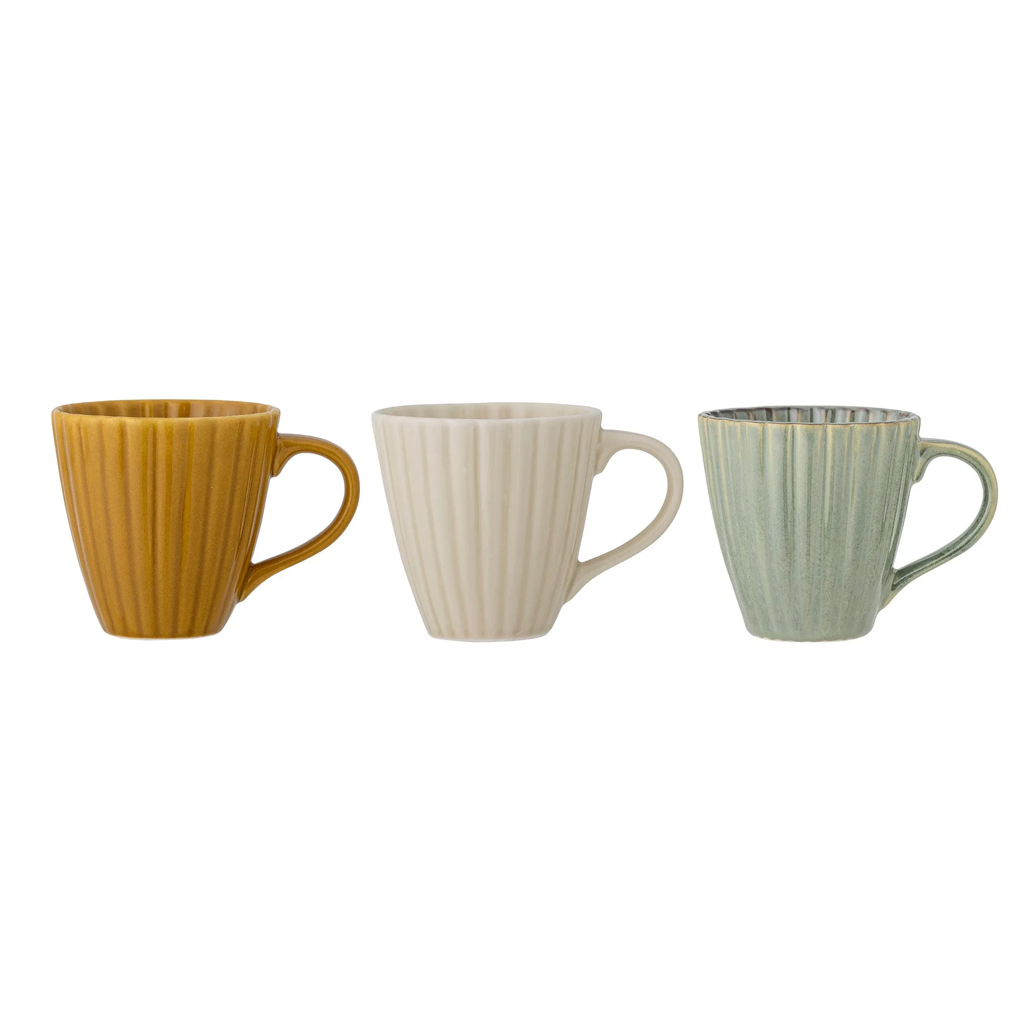 Set of Three Stoneware Mugs - Cream, Green, Ochre