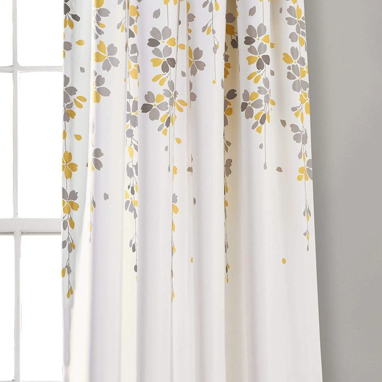 Weeping Flowers Room Darkening Curtain Panel Pair - 84 Inches Long - Yellow/Grey