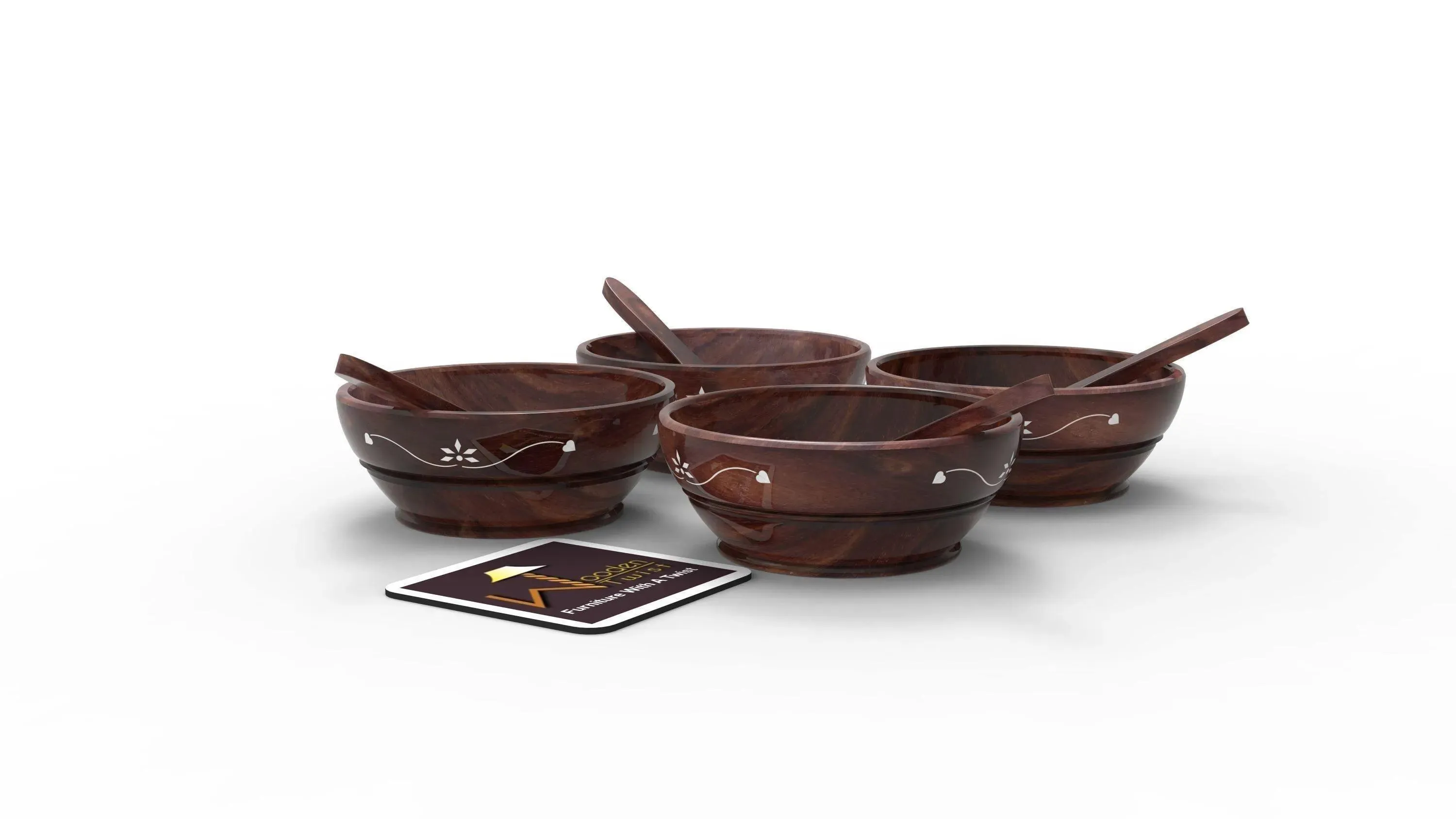 Wooden Twist Flaky Leaf Design Sheesham Wood Dry Fruit Bowl ( Set of 4 with Four Spoons )